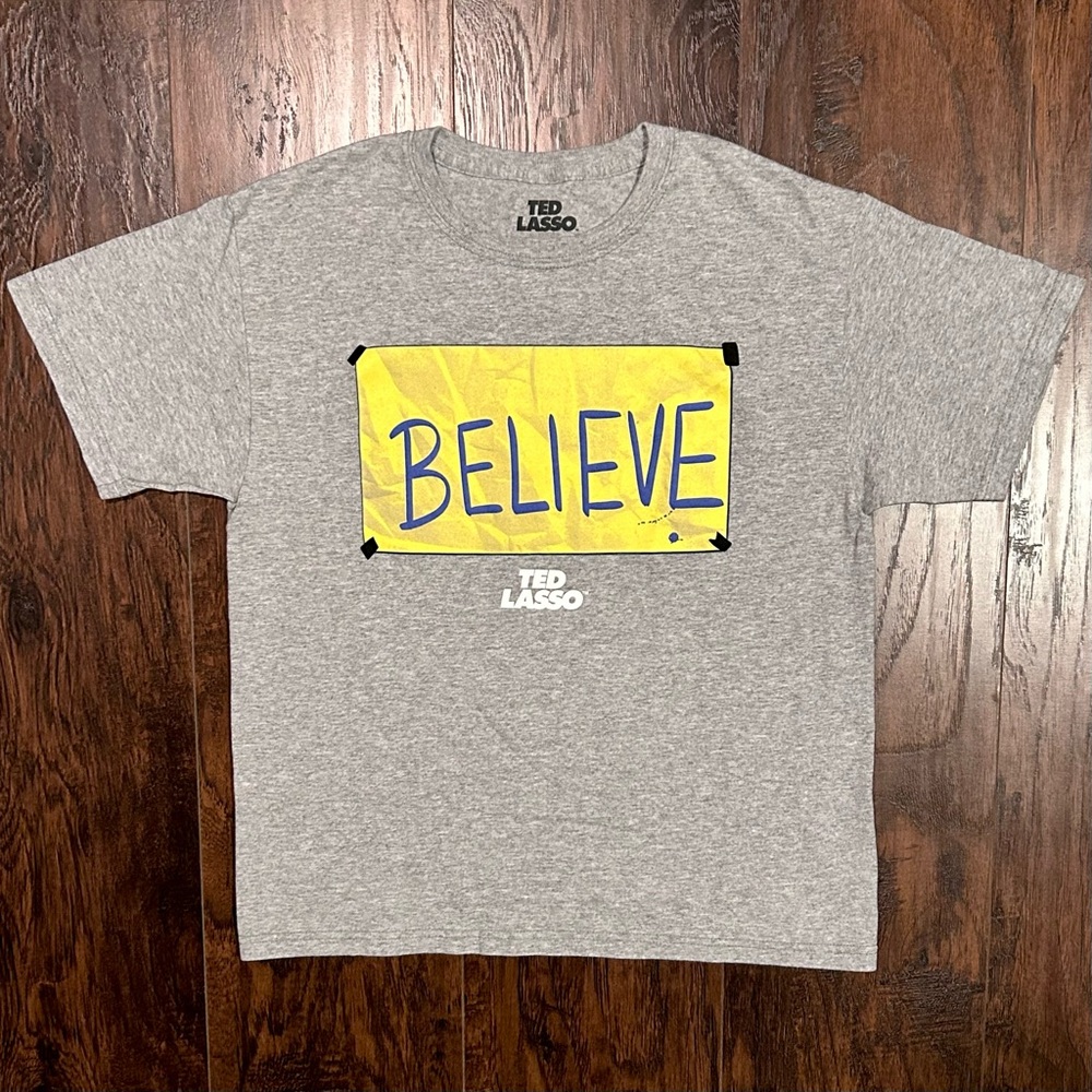 Ted Lasso Believe Box Logo Tee Shirt Grey Yellow Blue
